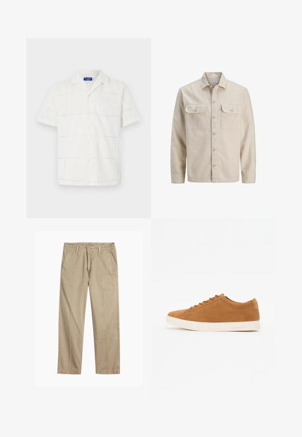 Smėlinis mygtukų užsegimas marškiniai iš minkštos medžiagos, turintys dvi krūtinės kišenes, ilgomis rankovėmis ir tiesiu hemu. Paprasta tekstūra be raštų.; Trumpas rankovėmis, baltas marškinys, pagamintas iš audinio su tekstūriniu tinkleliu. Yra apykaklė ir sagų užsegimas priekyje, su subtiliais siuvinėjimo detalėmis.; Bežiniai tiesaus kirpimo chinos kelnės su diržo kilputėmis, priekyje esančia mygtuko ir užtrauktuko uždarymo sistema, bei šoninėmis kišenėmis.; Rudos zomšos sportbačiai su žemu dizainu, balta gumine padu ir apvaliu pirštu. Yra atitinkamos raišteliai ir minimalus ženklinimas ant kulno.