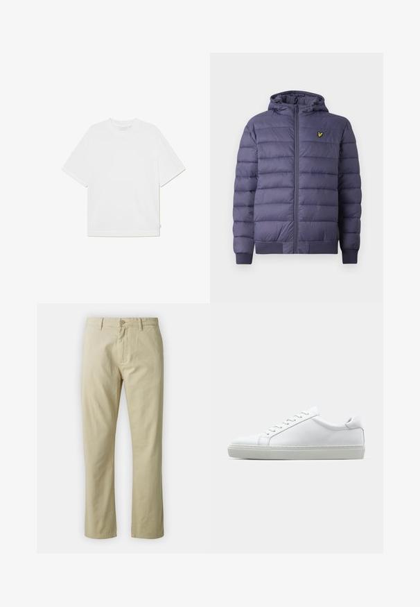 Moška temno modra zložena pufasta jakna s kapuco, sprednjim zadrgo, rebrastimi manšetami in majhnim rumenim ptičkom na levi prsni strani.; Bela kratka majica s kratkimi rokavi, izdelana iz mehkega bombaža. Ima okrogel izrez, sproščen kroj in stranske oznake. Gladka tekstura.; Bež bombažne hlače s ravnim krojem, sprednjim gumbom in zankami za pas. Gladka tekstura, brez vidnih vzorcev ali akcentov.; Bela športna obutev z gladkim usnjenim zgornjim delom in nizkim profilom. Ima zaokrožen nos, šest lukenj za vezalke in teksturiran gumijast podplat.