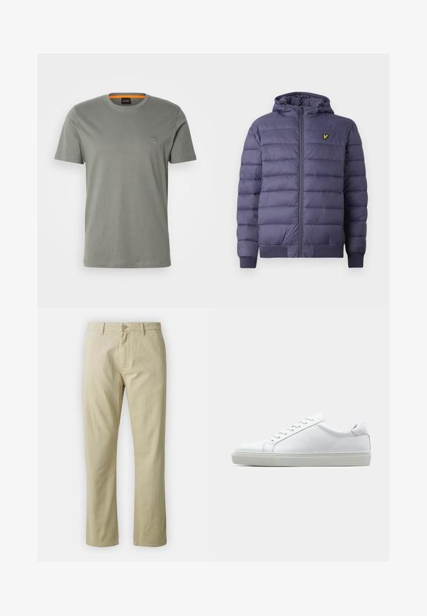 Muška tamnoplava krevetna jakna s kapuljačom, prednjim patentnim zatvaračem, rebrastim manžetama i malim žutim ptičjim logotipom na lijevoj strani prsnog koša.; Siva pamučna majica kratkih rukava s rundastim izrezom. Ima malu kvadratnu oznaku na lijevoj strani prsnog područja u odgovarajućoj boji.; Bež pamučne hlače s ravnim nogavicama, prednjim zatvaranjem na dugme i petljama za remen. Glatka tekstura, bez vidljivih uzoraka ili naglaska.; Bijela tenisica s glatkim kožnim gornjim dijelom i niskim profilom. Ima zaobljen vrh, šest rupica za vezanje i teksturiranu gumenu podlogu.