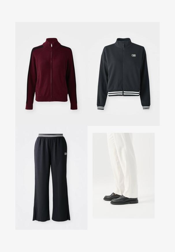 Mustmust coode, mille kõrge kraega, valgete triipudega mansetid ja allääred, rinnal on väike logo. Sile kangastekstuuri.; Obey Clothing FRANKIE TRACK - Kardigan - wine; Kaks lühikeste varrukateta toppi mustas ja valges, valmistatud ribakudumist, ümarate kaelustega ja sobiva disainiga. Mõlemal on nähtavad sildid.; Mustad sportpüksid laia sääre disainiga, elastse vöökoha, kus on mustad ja valged triibud, ning külgslõikega all ääres.; Mustad musta nahast loafers, millel on sile tekstuur, õmblustäiendused ja ümar nina, koos valgete kohandatud pükstega.