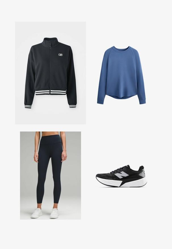 Crna jakna s patentnim zatvaranjem i visokim ovratnikom, bijelim prugastim rukavima i rubom, s malim logotipom na prsima. Glatka tekstura tkanine.; Plava majica s kapuljačom s okruglim izrezom, dugim raglan rukavima i opuštenim krojem. Glatka tekstura, zakrivljeni rub i suptilni detalji s bočnih panela.; Visoke tajice koje se prilagođavaju tijelu u tamnoplavoj boji, izrađene od rastezljivog materijala. Imaju glatku teksturu i bez vidljivih uzoraka ili detalja.; Crno-bijela New Balance trkačka cipela s debelim potplatom, mrežastim gornjim dijelom i "N" logotipom sa strane, prikazana s vanjske strane.