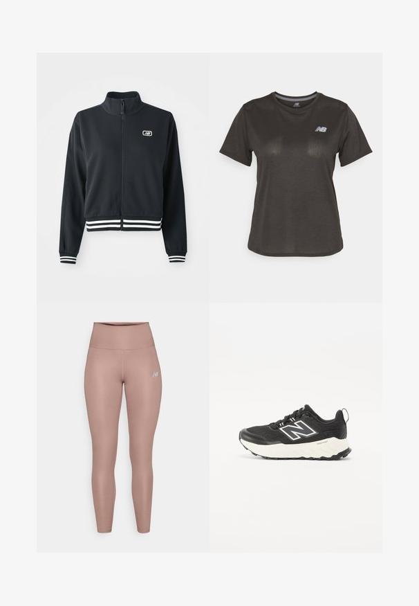 Fekete zipzáras dzseki magas gallérral, fehér csíkos mandzsettákkal és aljjal, a mellkason egy kis logóval. Sima szövettextúra.; Fekete sportpóló rövid ujjal, könnyű anyagból készült. Finoman texturált mintázattal és egy kis fehér logóval a mellkason.; New Balance HARMONY HIGH RISE - Leggingek - earth shadow; Fekete sportcipők texturált szövet felsőrésszel, kontrasztos fehér középtalppal és feltűnő szürke logóval az oldalán. Gumi talp, amely tapadást biztosít.