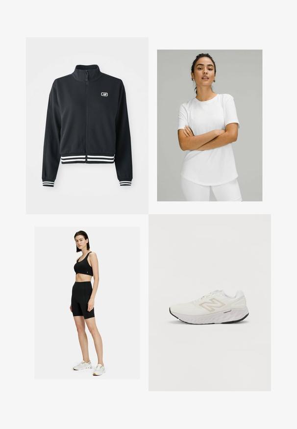 Jachetă neagră cu fermoar, cu guler înalt, manșete și tiv cu dungi albe, având un mic logo pe piept. Textură de țesătură netedă.; Tricou alb cu maneci scurte, fabricat dintr-un material neted, cu guler rotund si tiv curbat. Poartă-l cu o fustă sau pantaloni albi.; On MOVEMENT - Leggings - black; Pantof cros albe cu partea superioară din plasă, guler căptușit și talpă groasă, texturată. Prezintă un accent gri deschis și logo-ul "New Balance" pe lateral.