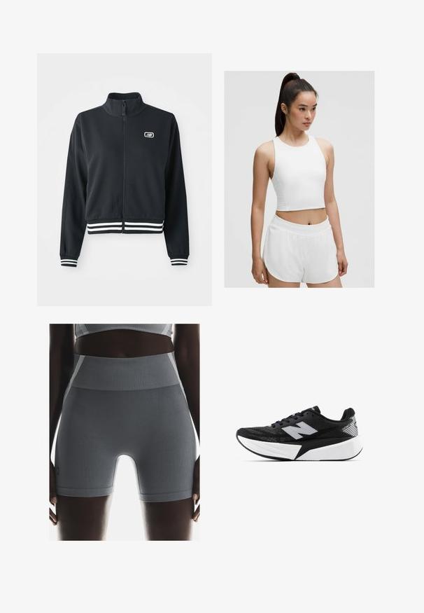 Čierna zipsová bunda s vysokým golierom, biele pruhované manžety a spodný lem, s malým logom na hrudi. Hladká textúra látky.; Biely skrátený top a šortky, s hladkou štruktúrou a jednoduchým dizajnom, s bočnými akcentmi na top a elastickým pásom na šortkách.; Šedé rebrované športové kraťasy majú vysoký pás, hladkú textúru a priliehavý strih, doplnené malou označovacou etiketou na boku.; Čierno-biele bežecké topánky New Balance s hrubou podrážkou, sieťovinovým zvrškom a logom "N" na boku, zobrazené z vonkajšej strany.