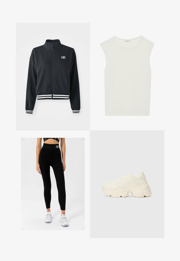 Mustmust coode, mille kõrge kraega, valgete triipudega mansetid ja allääred, rinnal on väike logo. Sile kangastekstuuri.; Valge ilma varrukateta topp ümmarguse kaelusega. Valmistatud siledast kangast, sellel on mugav lõige ja minimalistlik disain. Ei ole mustreid ega aksessuaare.; Mustad ribased retuusid kõrge vöökoha ja logoga, kombineeritud valgete spordijalatsitega, esitlevad selget lõiget ja pehmet tekstuuri.; Paksud valged tennised, mis on valmistatud tekstureeritud võrgu- ja sünteetilistest materjalidest, pakuvad paksu tallaga ja keerukat mustrit külgedel.