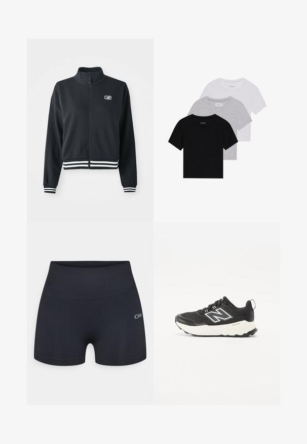 Melnā jaka ar rāvējslēdzēju, augsto apkakli, balti svītrainiem piedurkņu un apakšmalas galiem, ar mazu logotipu uz krūtīm. Gluda auduma tekstūra.; Trīs īsām piedurknēm T-krekli melnā, pelēkā un baltā krāsā. Izgatavoti no kokvilnas, ar apaļu kakla izgriezumu un vienkāršu, viendabīgu krāsas dizainu.; Melni pieguļoši šorti, izgatavoti no elastīga materiāla, ar platu jostasvietu un nemanāmu logotipa detaļu sānos. Gluda virsmas tekstūra.; Melni sporta apavi ar teksturētu auduma augšdaļu, kontrastējošu balto zoli un izteiksmīgu pelēku logotipu sānos. Gumijas zole ar pievilcību.