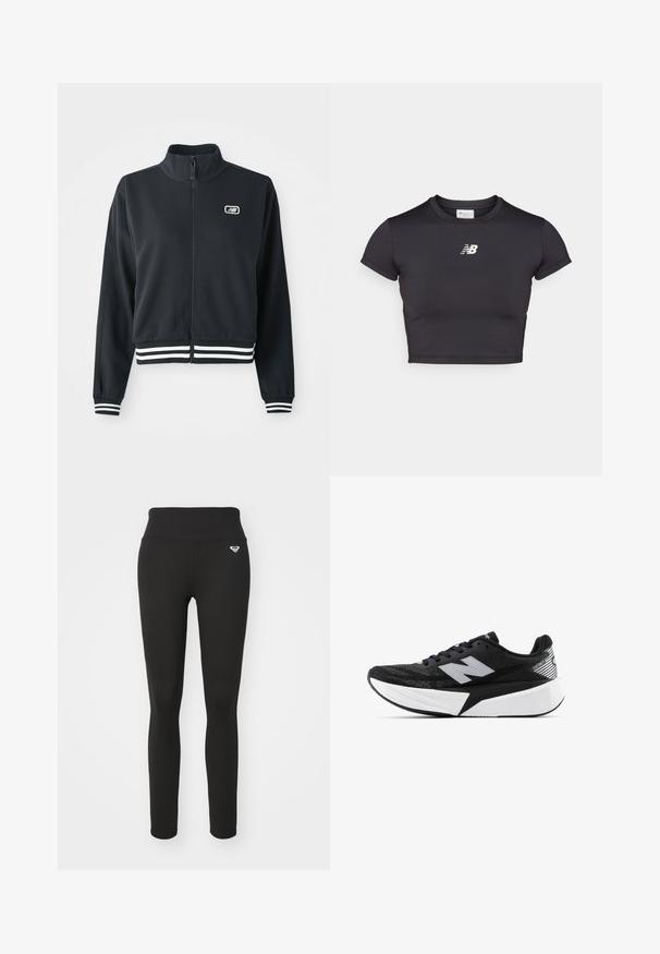 Black zip-up jacket with a high collar, white striped cuffs and hem, featuring a small logo on the chest. Smooth fabric texture.; Black cropped athletic t-shirt with short sleeves, made of stretchy fabric. Features a white logo on the front, rounded neckline, and a fitted design.; Black leggings with a high waistband, made from a stretchy material. Features a small logo on the hip and a smooth, matte texture.; Black and white New Balance running shoe with thick sole, mesh upper, and "N" logo on the side, viewed from the outer side.