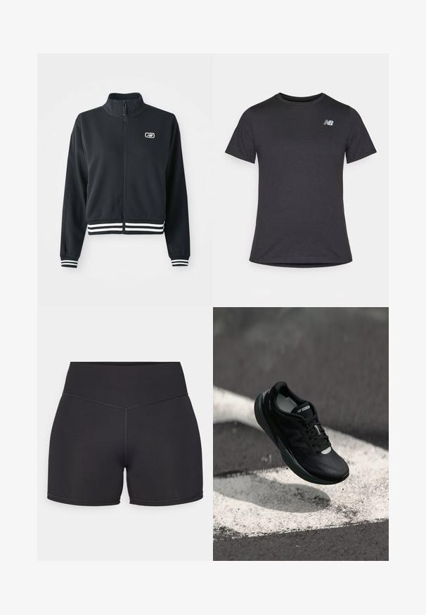 Zwarte ritssluiting jas met een hoge kraag, witte gestreepte manchetten en een zoom, voorzien van een klein logo op de borst. Gladde stoftextuur.; Zwarte korte mouwen t-shirt van zacht materiaal, met een klein grijs New Balance-logo op de bovenste linkerborst, klassieke ronde hals ontwerp.; Zwarte sportshorts met een hoge tailleband, gemaakt van rekbaar materiaal. Beschikt over platte naden en een gladde textuur voor comfort.; Zwarte hardloopschoen met een gestructureerde bovenkant, slank ontwerp en reflecterende accenten. Heeft een zachte, gevoerde zool voor comfort.