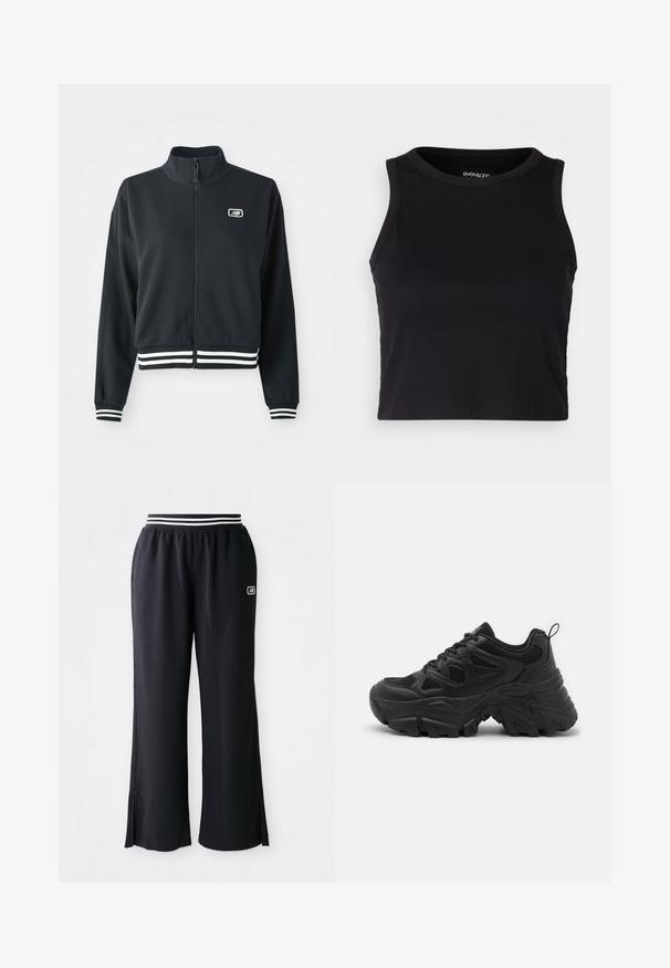 Black zip-up jacket with a high collar, white striped cuffs and hem, featuring a small logo on the chest. Smooth fabric texture.; Black ribbed crop tank top with a round neckline and sleeveless design. Made from soft, stretchy fabric, featuring clean hemmed edges.; Black athletic pants with a wide leg design, elastic waistband featuring black and white stripes, and side slits at the hem.; Black athletic shoes with a textured mesh upper, curved rubber sole, and prominent tread pattern. Features integrated lacing and pull tab.