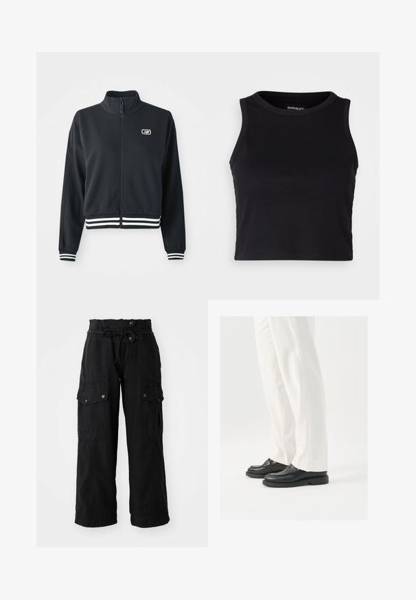 Czarna kurtka zapinana na zamek z wysokim kołnierzem, białymi paskami przy mankietach i u dołu, z małym logo na klatce piersiowej. Gładka tekstura materiału.; Czarny prążkowany krótki top bez rękawów z okrągłym dekoltem. Wykonany z miękkiego, elastycznego materiału, z wykończonymi krawędziami.; Czarne spodnie cargo o szerokich nogawkach z elastycznym pasem, sznurkiem, bocznymi i tylnymi kieszeniami oraz detalami na guzikach. Wykonane z lekkiego materiału.; Czarne skórzane mokasyny o gładkiej teksturze, ze szczegółami w postaci szwów i zaokrąglonym noskiem, zestawione z białymi eleganckimi spodniami.