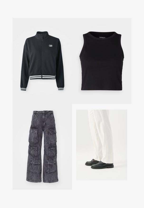 Zwarte ritssluiting jas met een hoge kraag, witte gestreepte manchetten en een zoom, voorzien van een klein logo op de borst. Gladde stoftextuur.; Zwarte geribbelde crop tanktop met een ronde halslijn en mouwloos ontwerp. Gemaakt van zachte, rekbare stof, met een nette afgeronde rand.; Alpha Industries MULTIPOCKET PANT  - Cargobroek - black; Zwarte leren loafers met een gladde textuur, steekdetails en een ronde neus, gecombineerd met witte, op maat gemaakte broeken.