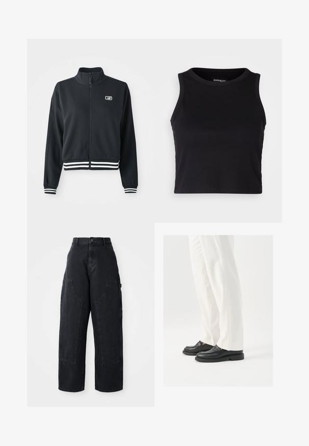 Mustmust coode, mille kõrge kraega, valgete triipudega mansetid ja allääred, rinnal on väike logo. Sile kangastekstuuri.; Mustard ribaga lõhikuga crop top, millel on ümar kaelus ja ilma varrukateta disain. Valmistatud pehmest ja venivast kangast, millel on puhtad äärised.; Mustad denim laiad sääred cargo püksid kõrge vöökoht, kahe suure ees oleva taskuga ja nööpkinni klõpsuga vöökoht. Sile tekstuur, kõrvaline kujundus.; Mustad musta nahast loafers, millel on sile tekstuur, õmblustäiendused ja ümar nina, koos valgete kohandatud pükstega.