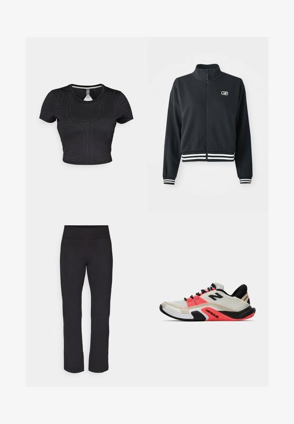 Melnā jaka ar rāvējslēdzēju, augsto apkakli, balti svītrainiem piedurkņu un apakšmalas galiem, ar mazu logotipu uz krūtīm. Gluda auduma tekstūra.; Melnā īsā piedurkņu krekliņā ar apgrieztiem sāniem, ar kontrastējošu šuvumu un noapaļotu dekoltē. Materiāls izskatās gluds un elastīgs.; Melnas leggingas ar gludu, elastīgu audumu un plašu vidukļa joslu. Tiem ir taisnas, pilna garuma kājas un nav redzamu rakstu vai akcentu.; New Balance MINIMUS TR - Treniņkurpes - sea salt