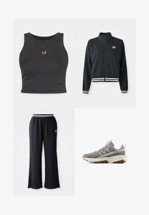 Black zip-up jacket with a high collar, white striped cuffs and hem, featuring a small logo on the chest. Smooth fabric texture.; Black ribbed crop top with a round neckline, featuring a small embroidered logo on the chest and a fitted design.; Black athletic pants with a wide leg design, elastic waistband featuring black and white stripes, and side slits at the hem.; Gray New Balance sneaker with textured knit upper, white geometric sole, brown tread, elastic lace design, and pull tabs on tongue and heel.