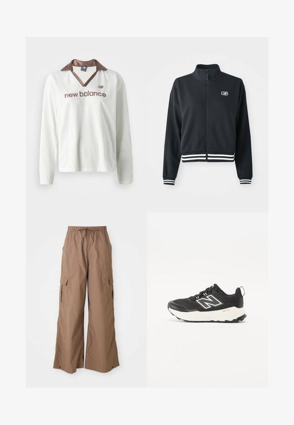 Melnā jaka ar rāvējslēdzēju, augsto apkakli, balti svītrainiem piedurkņu un apakšmalas galiem, ar mazu logotipu uz krūtīm. Gluda auduma tekstūra.; Baltas acu tīkls ar garām piedurknēm krekls ar brūnu satīna apkakli. Priekšpusē ir "new balance" logo brūnā krāsā. Neformāla sporta dizaina.; Brūnas brīvi izgriezta kravas bikses ar auklu jostasvietā un sānu kabatām ar atloku, plaša kāju dizains, attēlots uz baltā fona.; Melni sporta apavi ar teksturētu auduma augšdaļu, kontrastējošu balto zoli un izteiksmīgu pelēku logotipu sānos. Gumijas zole ar pievilcību.