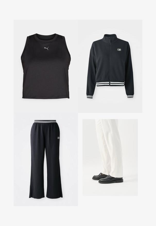 Melnā jaka ar rāvējslēdzēju, augsto apkakli, balti svītrainiem piedurkņu un apakšmalas galiem, ar mazu logotipu uz krūtīm. Gluda auduma tekstūra.; Melna bezpiedurkņu sporta krūšturis, izgatavots no gludas auduma, ar apaļu kakla izgriezumu un mazu sudraba Puma logotipu uz krūtīm.; Melnas sportiskās bikses ar plašu kāju dizainu, elastīga josta ar melnbaltām svītrām un sānu šķeltnēm apakšmalā.; Melni ādas loafers ar gludu tekstūru, šuvju detaļām un apaļu pirkstu daļu, apvienoti ar baltām pielāgotām biksēm.