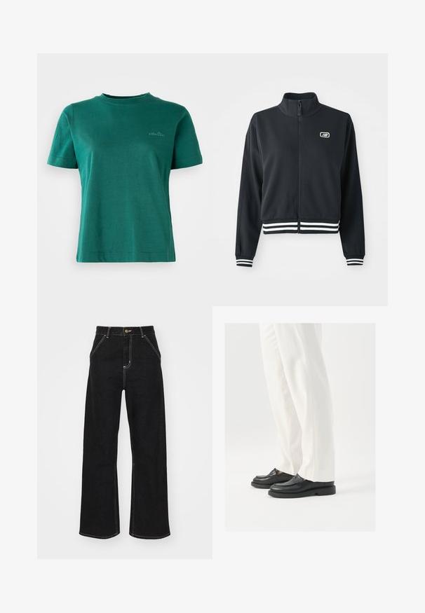 Juodas užtrauktukas švarkas su aukšta apykakle, baltais dryžiais ant rankovių ir apatinės dalies, su maža logo ant krūtinės. Lygaus audinio tekstūra.; Žalia trumpa rankovė marškinėliai, pagaminti iš minkštos medžiagos, su apvaliu iškirpimu ir subtiliu logotipo akcentu priekyje.; Juodi platūs džinsai, pagaminti iš džinsinio audinio, su kontrastingomis baltomis siūlėmis ir priekiniais mygtukais, turintys du kampinius priekinio kišenes.; Juodi odiniai loafersai su lygia tekstūra, siuvinėjimo detalėmis ir apvaliu pirštu, derinami su baltais pritaikytais kelniais.