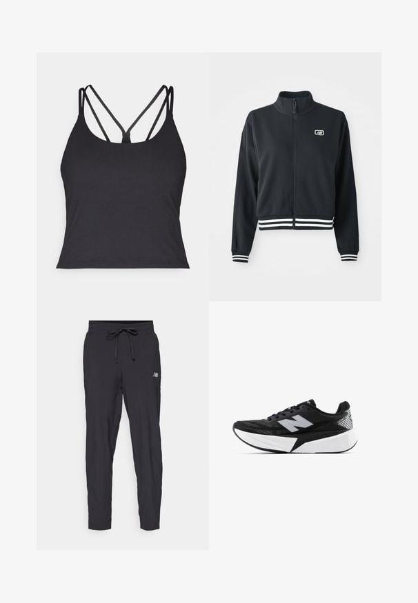 Fekete zipzáras dzseki magas gallérral, fehér csíkos mandzsettákkal és aljjal, a mellkason egy kis logóval. Sima szövettextúra.; Fekete ujjatlan felső vékony pántokkal, hátul keresztbe fonott dizájnnal. Puha, rugalmas anyagból készült, formás szabású.; Fekete futónadrág, könnyű anyagból készült, elasztikus derékkal és állítható húzózsinórral. Az oldalon egy kis logó található.; Fekete-fehér New Balance futócipő vastag talppal, hálós felsőrésszel és "N" logóval az oldalon, külső nézetből.