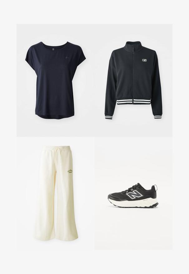 Čierna zipsová bunda s vysokým golierom, biele pruhované manžety a spodný lem, s malým logom na hrudi. Hladká textúra látky.; Námorníckomodrá športová tričko s krátkymi rukávmi, mäkká tkanina, okrúhly výstrih a mierne zakrivený spodný lem. Malá logovú detail vpredu.; Krémové široké tepláky s elastickým pásom a nastaviteľným šnúrkou. Vyšívaný zelený text "Athletic" na prednej strane. Mäkka tkanina.; Čierne atletické topánky s textúrovaným textilným zvrškom, kontrastnou bielou medzipodošvou a výrazným šedým logom na boku. Gumová podrážka s dobrým gripom.