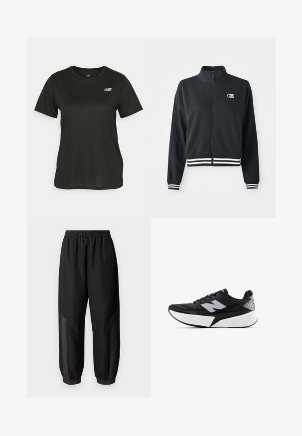 Svart zip-up jakke med høy krage, hvite stripete mansjetter og søm, med en liten logo på brystet. Glatt stoffstruktur.; Svart t-skjorte med korte ermer laget av glatt stoff, med rund hals og et reflekterende hvitt logo på venstre bryst.; Svart treningstype bukser laget av glatt, lett stoff. Har elastisk midjebånd, tettsittende mansjetter og mørkegrå sidepaneler med logo.; Svart-og-hvitt New Balance joggesko med tykk såle, mesh-overdel og "N"-logo på siden, sett fra utsiden.
