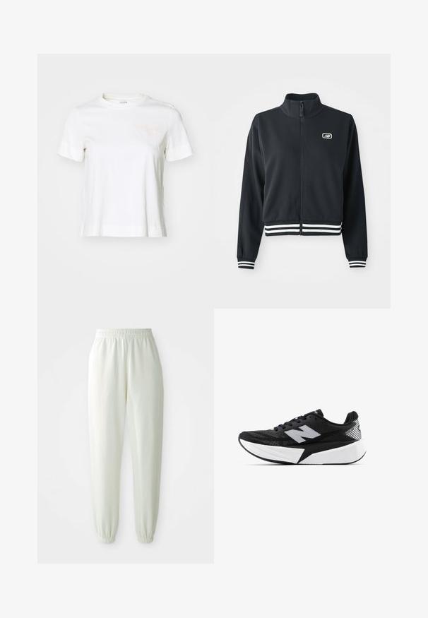 Black zip-up jacket with a high collar, white striped cuffs and hem, featuring a small logo on the chest. Smooth fabric texture.; White short-sleeve t-shirt made of cotton with a round neck, featuring light pink text "BJÖRN BORG" on the left chest area.; Light green jogger pants made from soft fabric. Elastic waistband and cuffs with a relaxed fit. Smooth texture, no patterns or accents.; Black and white New Balance running shoe with thick sole, mesh upper, and "N" logo on the side, viewed from the outer side.