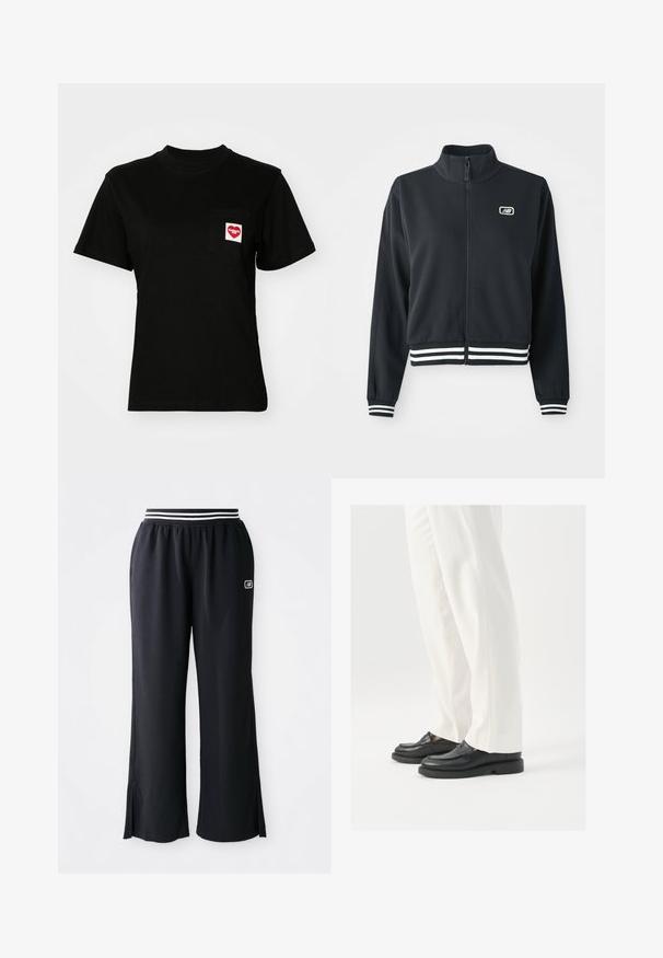 Črna zip-jakna z visokim ovratnikom, belimi črtastimi manšetami in robom, z majhnim logotipom na prsih. Gladka tekstura tkanine.; Črna bombažna majica s krožnim izrezom in kratkimi rokavi. Ima sprednji žep z rdečim srcem in belim besedilom.; Črne športne hlače širokega kroja, elastičen pas z črno-belimi črtami in stranske razpoke na robu.; Črne usnjene loaferje z gladko teksturo, šivi in zaobljenim prstom, pomešane z belimi krojenimi hlačami.