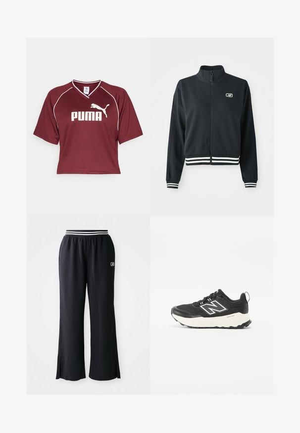 Black zip-up jacket with a high collar, white striped cuffs and hem, featuring a small logo on the chest. Smooth fabric texture.; Maroon short-sleeve, cropped sports shirt with a V-neck and white accents. Features a prominent white "PUMA" logo on the front.; Black athletic pants with a wide leg design, elastic waistband featuring black and white stripes, and side slits at the hem.; Black athletic shoes with a textured fabric upper, contrasting white midsole, and a prominent grey logo on the side. Rubber sole with traction.