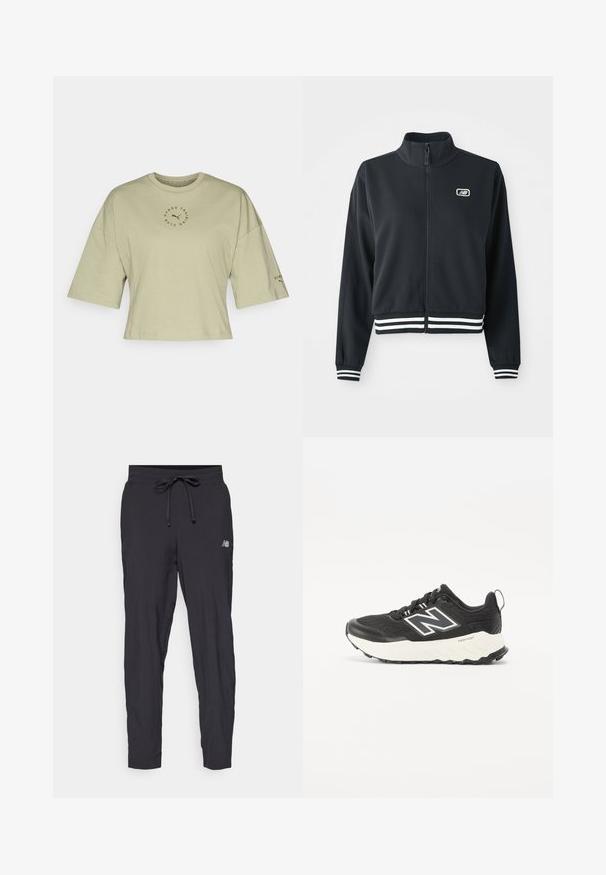 Melnā jaka ar rāvējslēdzēju, augsto apkakli, balti svītrainiem piedurkņu un apakšmalas galiem, ar mazu logotipu uz krūtīm. Gluda auduma tekstūra.; Gaiši zaļš īsais krekls, izgatavots no mīkstas kokvilnas, ar īsām piedurknēm un apaļu kakla izgriezumu. Centrā drukāts logo ar tekstu "HYROX TRAINING CLUB."; Melnas sporta bikses, izgatavotas no viegla materiāla, ar elastīgu jostu un regulējamu auklu. Uz sāniem ir neliels logo.; Melni sporta apavi ar teksturētu auduma augšdaļu, kontrastējošu balto zoli un izteiksmīgu pelēku logotipu sānos. Gumijas zole ar pievilcību.