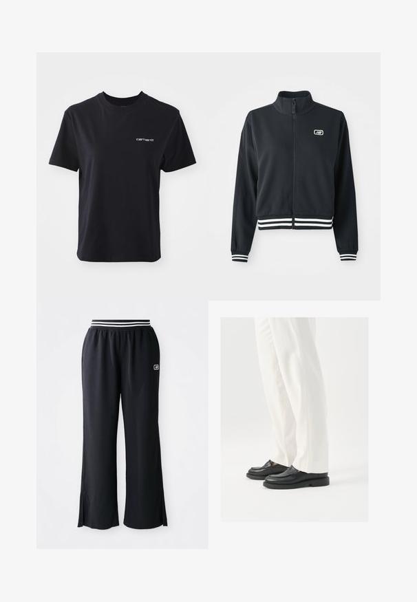 Black zip-up jacket with a high collar, white striped cuffs and hem, featuring a small logo on the chest. Smooth fabric texture.; Black cotton t-shirt with crew neck, short sleeves, and white "carhartt" logo on the left chest. Smooth texture, standard fit.; Black athletic pants with a wide leg design, elastic waistband featuring black and white stripes, and side slits at the hem.; Black leather loafers with a smooth texture, stitch detailing, and a rounded toe, paired with white tailored pants.