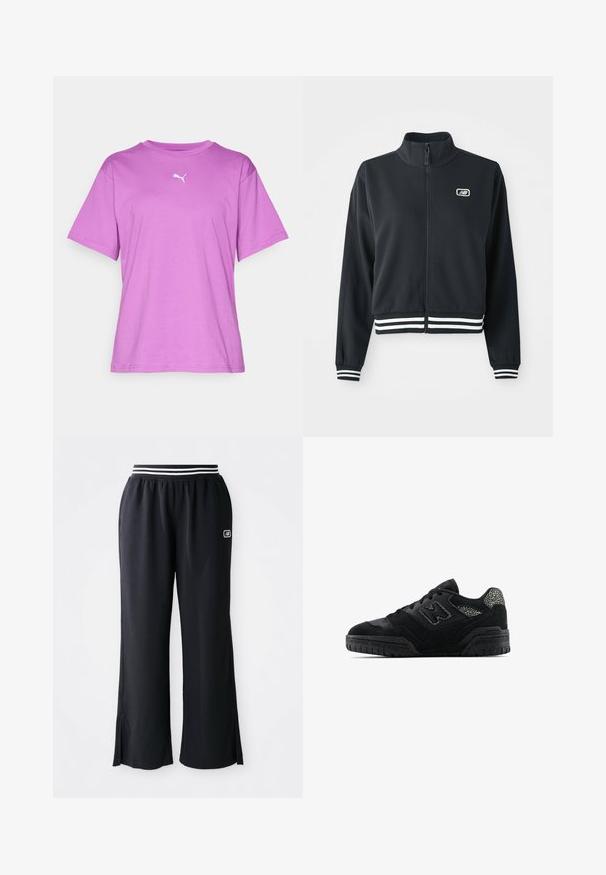 Black zip-up jacket with a high collar, white striped cuffs and hem, featuring a small logo on the chest. Smooth fabric texture.; Purple cotton t-shirt with a crew neck, short sleeves, and a white logo on the chest. Soft texture and casual fit.; Black athletic pants with a wide leg design, elastic waistband featuring black and white stripes, and side slits at the hem.; Black low-top sneaker with textured sole, lace-up design, suede panels, and patterned accents on heel and side logo.