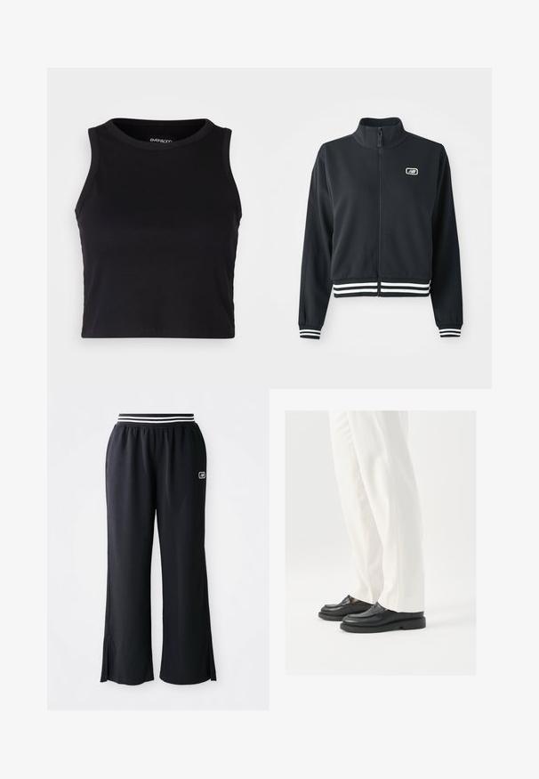 Casaco preto com fecho éclair, gola alta, punhos e bainha com riscas brancas, apresentando um pequeno logótipo no peito. Textura de tecido suave.; Top cropped preto canelado com gola redonda e design sem mangas. Feito de um tecido macio e elástico, apresentando bordas limpas e com bainha.; Calças atléticas pretas com um design de perna larga, cintura elástica com riscas pretas e brancas e fendas laterais na bainha.; Mocassins de couro preto com uma textura suave, detalhes de costura e bico arredondado, combinados com calças brancas ajustadas.