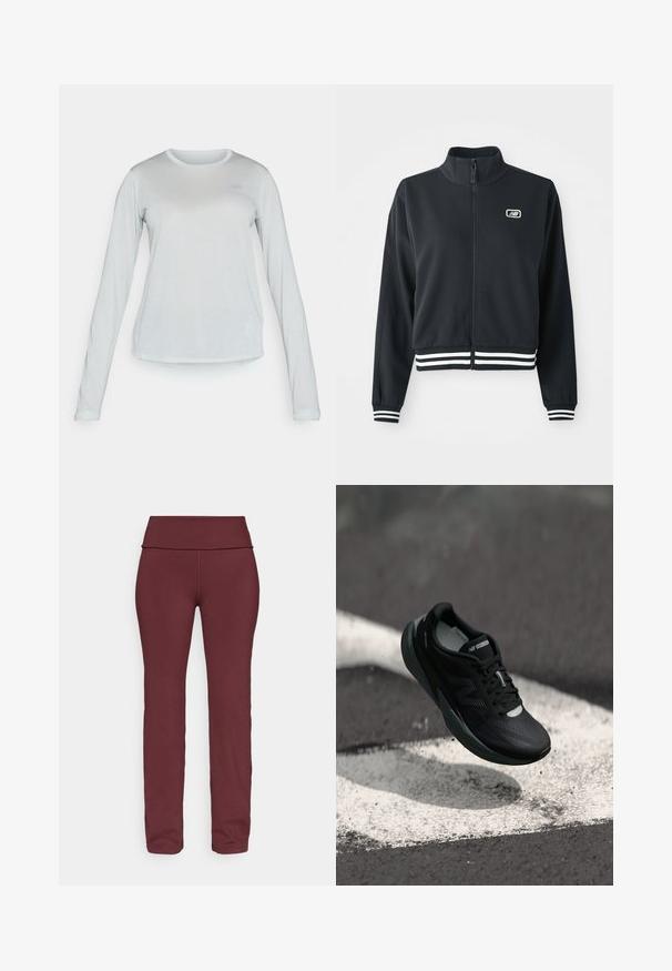 Svart zip-up jakke med høy krage, hvite stripete mansjetter og søm, med en liten logo på brystet. Glatt stoffstruktur.; Langermet, lys grå mesh-skjorte med rund hals, som har en subtil teksturert mønster og en liten logo på brystet.; Bordeaux leggings med en bred, brettet midje, avsmalnende ben og et glatt, elastisk stoff som er egnet for trening.; Svart løpesko med teksturert overdel, slank design og reflekterende detaljer. Har en myk, polstret såle for komfort.