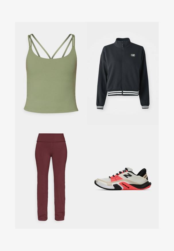 Giacca nera zip-up con colletto alto, polsini e orlo a strisce bianche, con un piccolo logo sul petto. Texture del tessuto liscia.; Canottiera verde oliva dal design aderente, con spalline sottili e regolabili e una trama liscia e elastica. Stile minimalista senza motivi.; Leggings bordeaux con una ampia cintura piegata, gambe affusolate e un tessuto liscio ed elastico adatto per l'abbigliamento sportivo.; New Balance MINIMUS TR - Scarpe da allenamento - sea salt