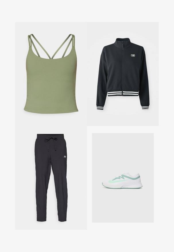 Črna zip-jakna z visokim ovratnikom, belimi črtastimi manšetami in robom, z majhnim logotipom na prsih. Gladka tekstura tkanine.; Olivno zelena majica na naramenice s pripijenim krojem, s tankim podesivim trakama i glatkom, rastezljivo teksturo. Minimalistički stil bez uzoraka.; Črne trenirke iz lahkega materiala z elastičnim pasom in nastavljivo vrvico. Imajo tudi majhen logotip na strani.; Belaatletska obutev z svetlo zelenimi detajli, ki ima teksturirano zgornji del iz tkanine, zaobljen prst, blaženi podplat in minimalističen dizajn.