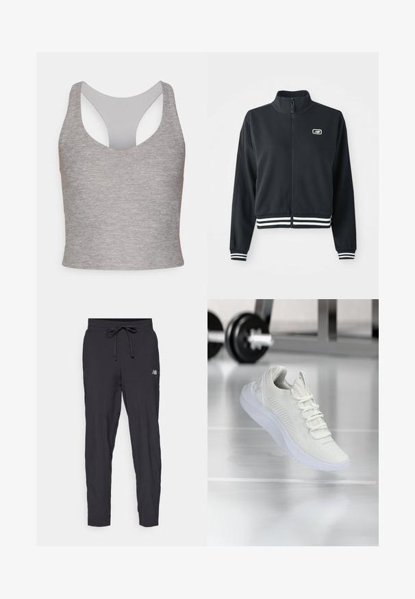 Chaqueta negra con cremallera y cuello alto, puños y dobladillo de rayas blancas, con un pequeño logo en el pecho. Textura de tela suave.; Top corto sin mangas gris con un amplio escote redondo y una espalda con cortes. Hecho de una tela suave y elástica con una textura lisa.; Pantalones de chándal negros hechos de un material ligero con una cinturilla elástica y cordón ajustable. Presenta un pequeño logo en el costado.; Zapatilla deportiva blanca con parte superior de malla texturizada y sistema de cordones, que presenta una suela blanca acolchada y sutiles acentos acanalados.