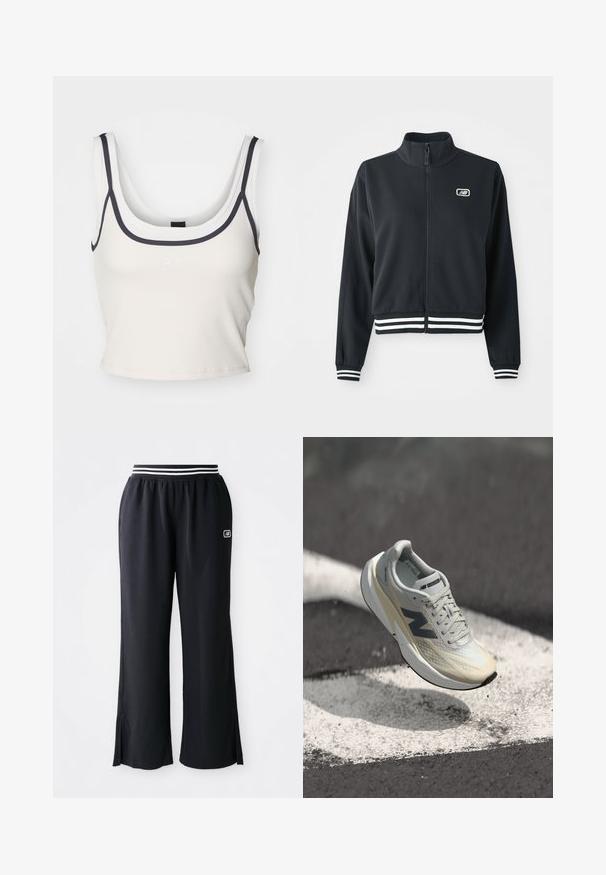 Black zip-up jacket with a high collar, white striped cuffs and hem, featuring a small logo on the chest. Smooth fabric texture.; P.E Nation FORWARD TANK - Top - whisper white; Black athletic pants with a wide leg design, elastic waistband featuring black and white stripes, and side slits at the hem.; New Balance running shoe featuring a light grey mesh upper, cream midsole, dark grey accents, and a sleek, aerodynamic design.