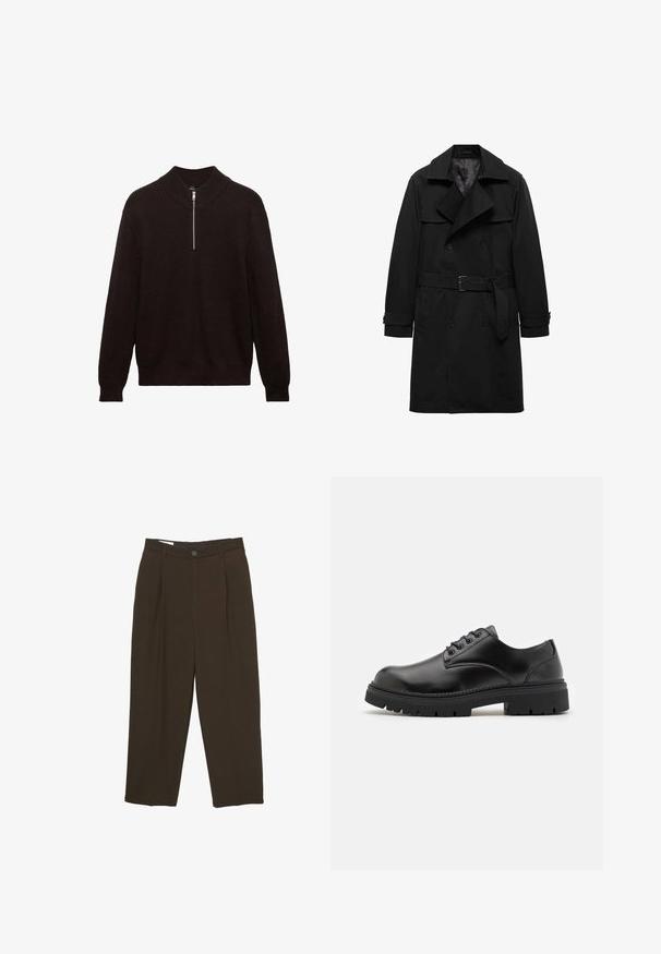 Schwarzer Trenchcoat mit doppelter Knopfleiste, großem Reverskragen, tailliertem Gürtel und hochgekrempelten Ärmeln. Glatte Stoffqualität.; Dunkelbrauner gestrickter Pullover mit hohem Kragen, Viertelreißverschluss vorne und gerippter Textur. Hat lange Ärmel und eine lockere Passform.; Dunkelbraune maßgeschneiderte Hosen mit vorderen Falten, Gürtelschlaufen und einem Knopfverschluss an der Taille.; Schwarze Lederschuhe mit runder Zehenform, Schnürdesign und einer dicken, strukturierten Gummisohle. Sie verfügen über eine Naht entlang des Randes und haben eine glatte Oberfläche.