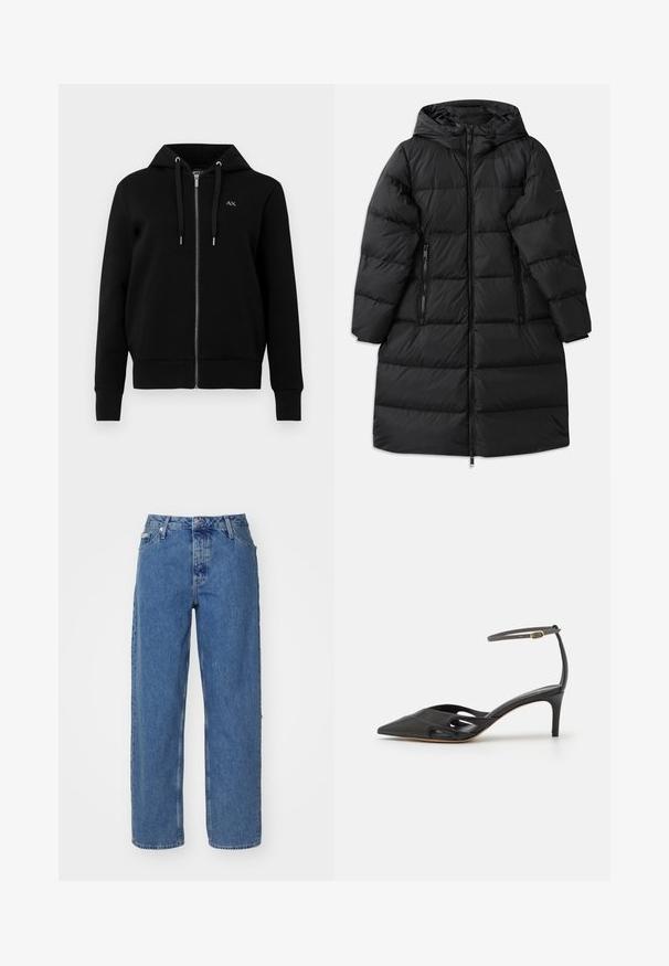 Čierna nafúknutá bunda s kapucňou, ktorá má prešívaný dizajn, dve bočné vrecká na zips a celoplošný zips na zapínanie. Hladká textura.; Čierna mikina na zips vyrobená z bavlnenej zmesi. Má kapucňu na šnúrku, ribbované manžety a malé logo na ľavej hrudi.; Čierne bavlnené tričko s krátkymi rukávmi a okrúhlym výstrihom. Na hrudi je umiestnené biele logo. Jednoduchý, minimalistický dizajn.; Svetlomodré džínsy s vysokým pásom, rovnými nohavicami, štýlom s piatimi vreckami a mierne vybledlou textúrou. Zapínanie na nit a gombík.; Čierna kožená topánka na vysokom opätku s špicatou špičkou, otvorenými stranami a tenkým remienkom okolo členka so zlatým kovovým detailom.