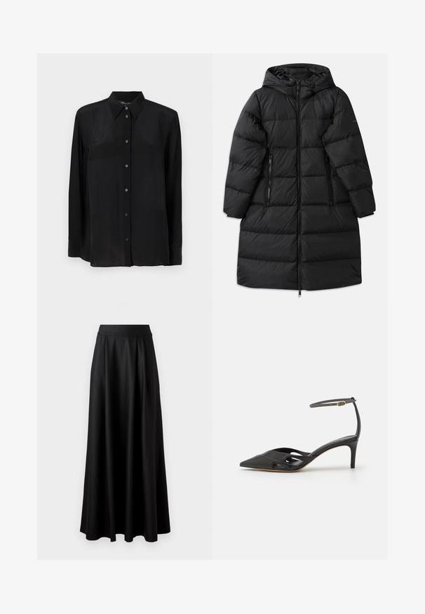 Casaco puffer preto com capuz, apresentando um design acolchoado, dois bolsos laterais com fecho zip e um fecho zip de comprimento total. Textura suave.; Camisa preta de manga longa, com botões, feita de um tecido transparente, apresentando um colarinho clássico e fechamento frontal com botões, com um corte reto e sem padrões visíveis.; Saia preta, até ao chão, com uma textura suave, faixa larga na cintura e design plissado, apresentando nenhum padrão ou adornos visíveis.; Sapato de salto alto em couro preto com bico pontiagudo, laterais abertas e uma fina fita no tornozelo com um pequeno detalhe em metal dourado.
