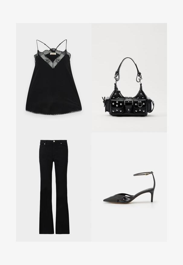Czarna kurtka puchowa z kapturem, posiadająca pikowaną strukturę, dwie kieszenie boczne na zamek oraz zamek błyskawiczny na całej długości. Gładka tekstura.; Czarna koszulka na ramiączkach z regulowanymi sznurkami, z koronkowym dekoltem w kształcie litery V i falbaniastymi brzegami. Gładki materiał o lekkim połysku.; Czarna bawełniana koszulka z krótkim rękawem i okrągłym dekoltem. Z przodu na klatce piersiowej znajduje się biały logo. Prosty, minimalistyczny design.; Czarne dzwony z denimu, z dwoma przednimi kieszeniami, zapięciem na guzik i gładką fakturą. Widoczne charakterystyczne szycie na szwach.; Czarny skórzany but na wysokim obcasie z szpiczastym noskiem, otwartymi bokami i cienkim paskiem wokół kostki z małym złotym detalem.; Czarna skórzana torebka w zakrzywionym kształcie, z srebrnymi ćwiekami, klamrą i dwoma bocznymi kieszeniami. Regulowany pasek umożliwiający różne opcje noszenia.