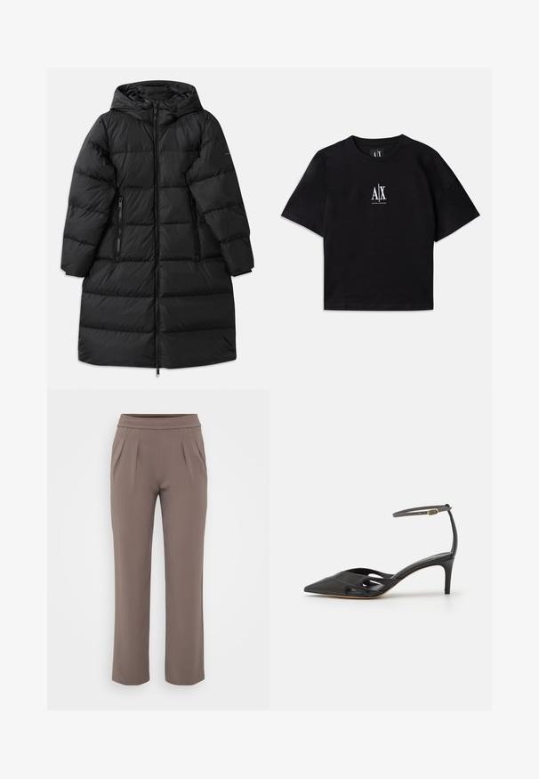 Black puffer coat with a hood, featuring a quilted design, two zippered side pockets, and a full-length zipper closure. Smooth texture.; Black cotton t-shirt with short sleeves and a crew neck. Features a white logo centered on the chest. Simple, minimalistic design.; Taupe loose-fit trousers with elastic waistband and front pleats, made from smooth fabric.; Black leather high-heeled shoe with a pointed toe, open sides, and a thin ankle strap featuring a small gold hardware detail.