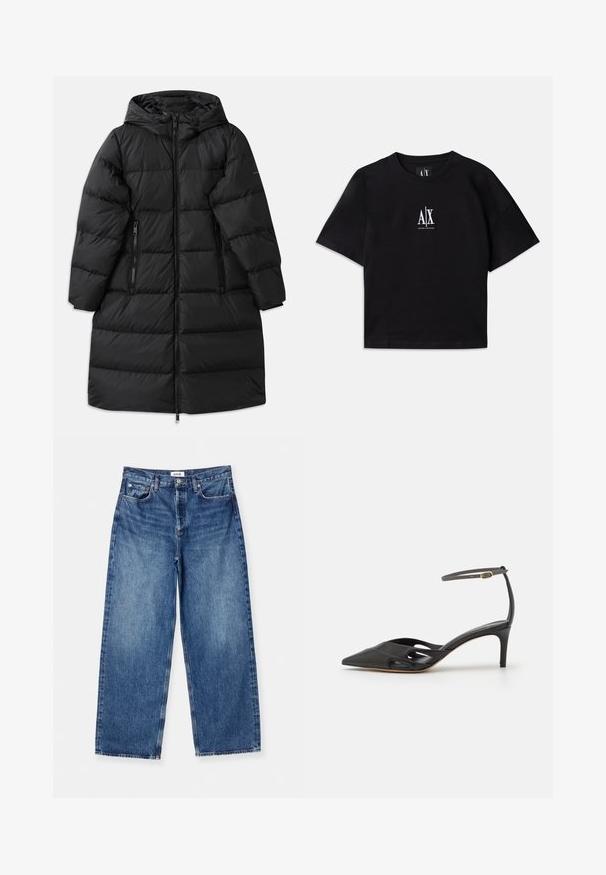 Black puffer coat with a hood, featuring a quilted design, two zippered side pockets, and a full-length zipper closure. Smooth texture.; Black cotton t-shirt with short sleeves and a crew neck. Features a white logo centered on the chest. Simple, minimalistic design.; Light blue wide-leg jeans made of denim, featuring a classic five-pocket design, visible stitching, and a mid-rise waistband.; Black leather high-heeled shoe with a pointed toe, open sides, and a thin ankle strap featuring a small gold hardware detail.