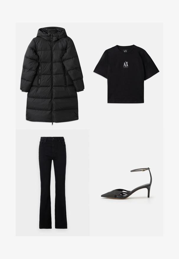 Black puffer coat with a hood, featuring a quilted design, two zippered side pockets, and a full-length zipper closure. Smooth texture.; Black cotton t-shirt with short sleeves and a crew neck. Features a white logo centered on the chest. Simple, minimalistic design.; Black flared jeans made of cotton blend fabric. Features a button closure, belt loops, and two front pockets for practical use.; Black leather high-heeled shoe with a pointed toe, open sides, and a thin ankle strap featuring a small gold hardware detail.
