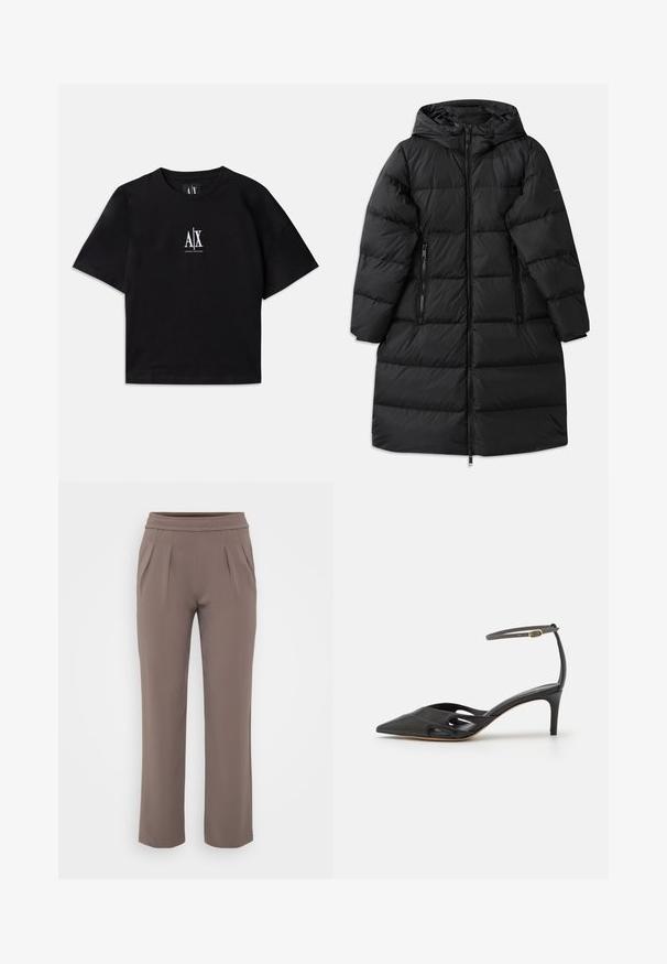 Melnā pūkainā jaka ar kapuci, ar izšūtu dizainu, divām ar rāvējslēdzēju abpusējām kabatām un garu rāvējslēdzēju aizdari. Gluda tekstūra.; Melnas kokvilnas T-krekls ar īsām piedurknēm un apaļu kaklu. Priekšpusē centrā ir balts logs. Vienkāršs, minimālisma dizains.; Taurī šūšanas brīvās formas bikses ar elastīgu jostasvietu un priekšējiem krokām, izgatavotas no gludas auduma.; Melna ādas augstpapēžu kurpe ar norādītu purngalu, atvērtām malām un plānu potītes siksniņu, kurai ir neliels zelta aksesuārs.