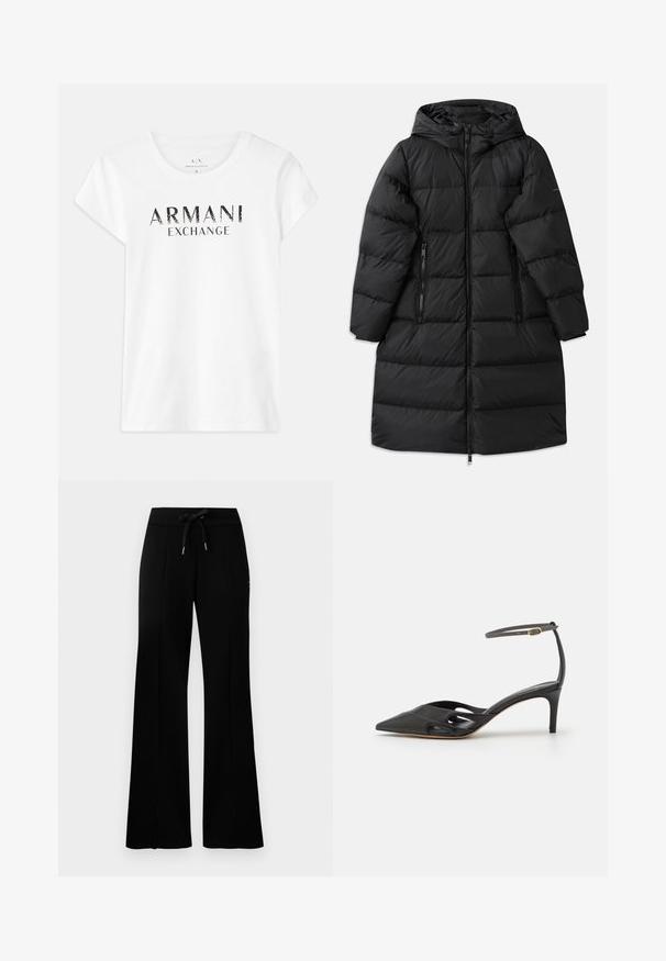 Juodas pūkinis paltas su kapišonu, su megztu dizainu, dviem užtraukiamomis šoninėmis kišenėmis ir pilnu užtrauktuku. Maloni tekstūra.; Balta medvilnės marškinėliai su trumpomis rankovėmis, priekyje su juodu spaudu „ARMANI EXCHANGE“. Klasikinio krewneko dizainas.; Juodi platūs sportiniai kelnių su raišteliu liemeniu, šoninėmis įpjovomis, minkšta medžiaga ir elegantiškas dizainas.; Juodos odinės aukštakulnės bateliai su smailiu nose, atviromis šoninėmis dalimis ir plona kulkšnies dirželiu, kuriame yra mažas auksinis detalė.