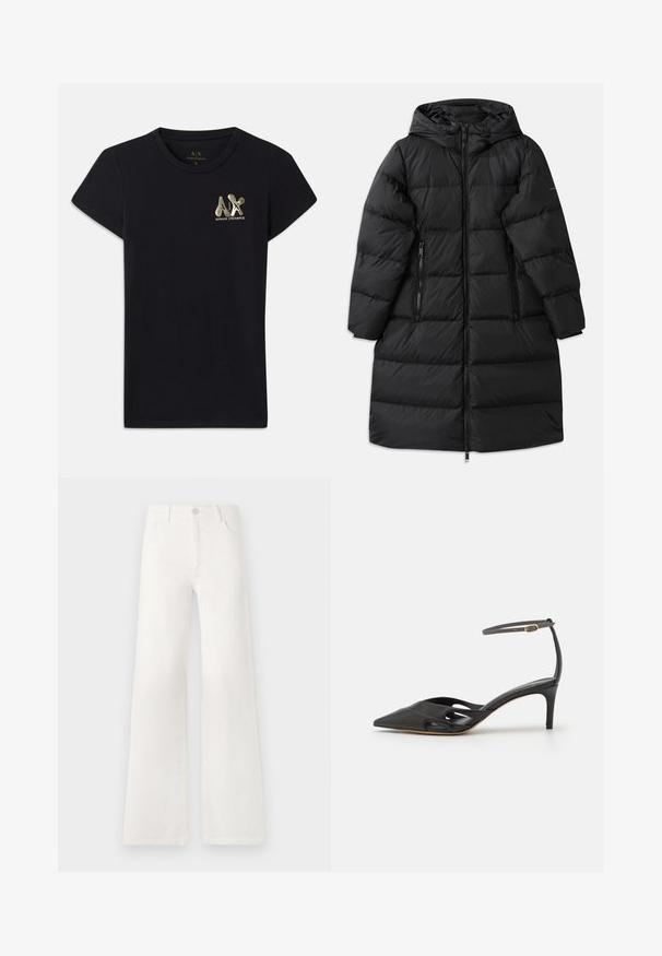 Juodas pūkinis paltas su kapišonu, su megztu dizainu, dviem užtraukiamomis šoninėmis kišenėmis ir pilnu užtrauktuku. Maloni tekstūra.; Juodas medvilninis marškinėlis trumpomis rankovėmis, su auksiniu „A|X“ ir „ARMANI EXCHANGE“ logotipu kairėje krūtinės pusėje. Standartinės apvalios kaklo rūšies dizainas.; Balsviesti, aukštu liemeniu plačiakelnės džinsinės kelnės. Jos turi mygtukų užsegimą, dvi priekinės kišenes ir siūlams su siuvinėtojais.; Juodos odinės aukštakulnės bateliai su smailiu nose, atviromis šoninėmis dalimis ir plona kulkšnies dirželiu, kuriame yra mažas auksinis detalė.