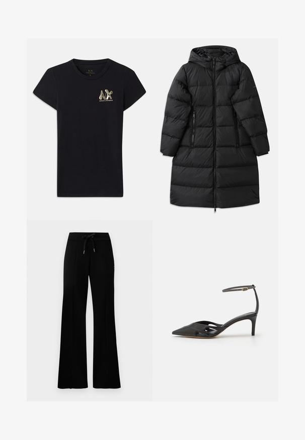 Černá péřová bunda s kapucí, která má prošívaný design, dvě kapsy na zip po stranách a plný zipový uzávěr. Hladká textura.; Černé bavlněné tričko s krátkými rukávy, na levé straně hrudi s zlatým logem "A|X" a "ARMANI EXCHANGE". Standardní design s kulatým výstřihem.; Černé široké tepláky s elastickým pasem a šňůrkou, bočním rozparkem, měkkým materiálem a elegantním designem.; Černá kožená vysoká obuv na podpatku s špičatou špičkou, otevřenými stranami a tenkým páskem kolem kotníku se zlatým kovovým detailem.