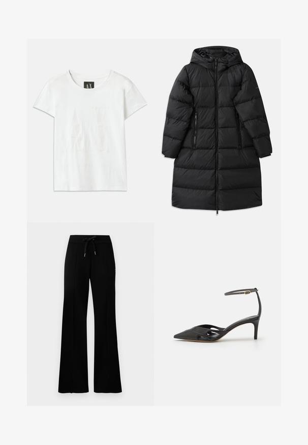 Melnā pūkainā jaka ar kapuci, ar izšūtu dizainu, divām ar rāvējslēdzēju abpusējām kabatām un garu rāvējslēdzēju aizdari. Gluda tekstūra.; Balta kokvilnas T-kreklu ar īsām piedurknēm, ar uzsistu logotipu "AX" priekšpusē un tekstu "ARMANI EXCHANGE" zem tā, izsmalcinātā dizainā.; Melnas platās svārku bikses ar sašūtu jostu, sānu iegriezumiem, mīkstu audumu un glītu dizainu.; Melna ādas augstpapēžu kurpe ar norādītu purngalu, atvērtām malām un plānu potītes siksniņu, kurai ir neliels zelta aksesuārs.