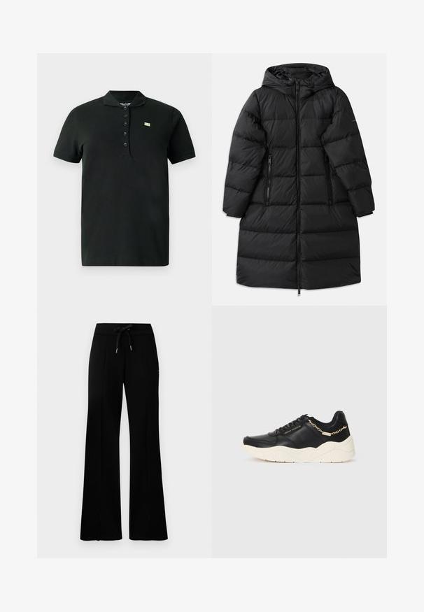 Geacă puffer neagră cu glugă, având un design matlasat, două buzunare laterale cu fermoar și un fermoar închis pe toată lungimea. Textură netedă.; Tricou polo negru din material moale; are guler, mâneci scurte, o placketă cu șase nasturi și un mic logo verde pe piept.; Pantaloni de trening negri, cu croială largă, talie cu șnur, detalii cu tăieturi laterale, material moale și un design elegant.; Pantofi sport din piele neagră cu o talpă groasă de nuanță crem, accent cu lanț de culoare aurie și șireturi negre. Textură netedă cu branding embosat pe lateral.