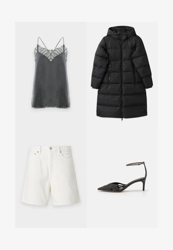 Mustapuffer-takki hupulla, jossa on vuorattuja kuvioita, kaksi vetoketjullista sivutaskua ja täysipitkä vetoketjusulku. Sileä pinta.; Satiiniharmaa toppi ohuilla spagettiolkaimilla ja läpikuultavalla, raidallisella pitsikuvioinnilla kaula-aukossa, jossa on V-muotoinen muotoilu.; Valkoiset farkkushortsit suoralinjaisella leikkauksella, viiden taskun muotoilulla, edessä napituksella, hopeisilla yksityiskohdilla ja ommelluilla yksityiskohdilla.; Musta nahkainen korkokenkä, jossa on terävä kärki, avoimet sivut ja ohut nilkkaremmi, jossa on pieni kultainen yksityiskohta.